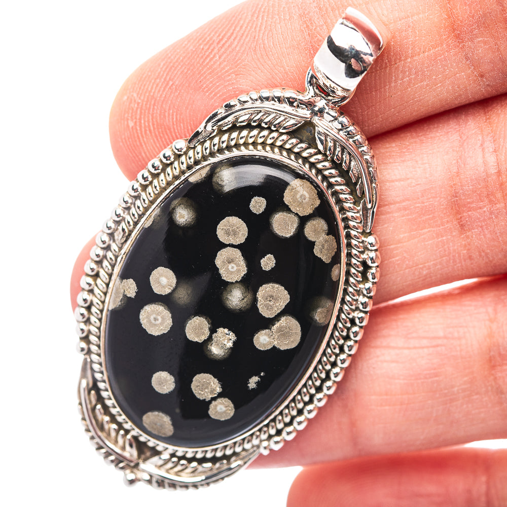 Premium Southwestern Style Snowflake Obsidian Pendant 2 1/8" (.925 Sterling Silver)