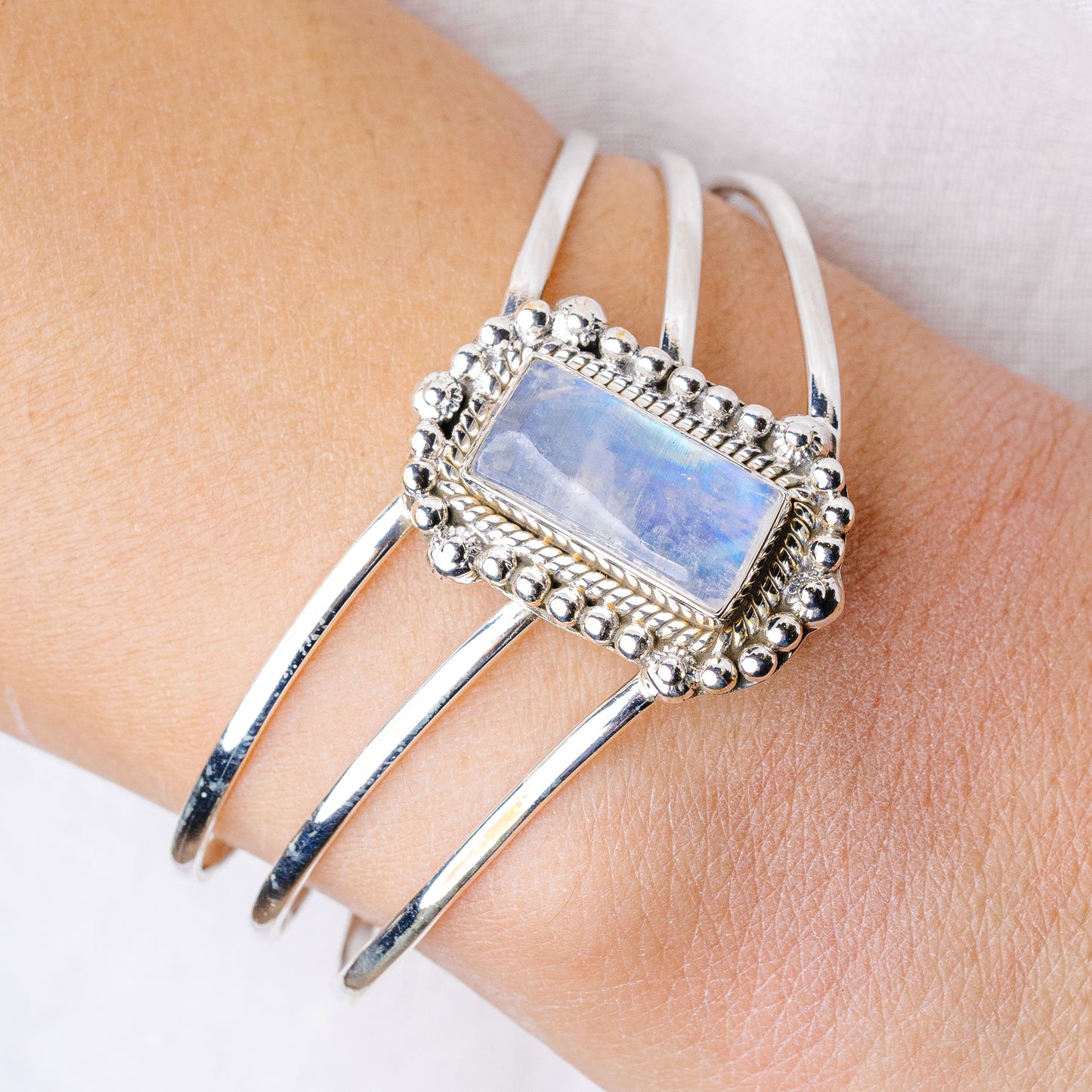 Rainbow Moonstone Cuff Bracelet Adjustable (925 Sterling Silver) B90423