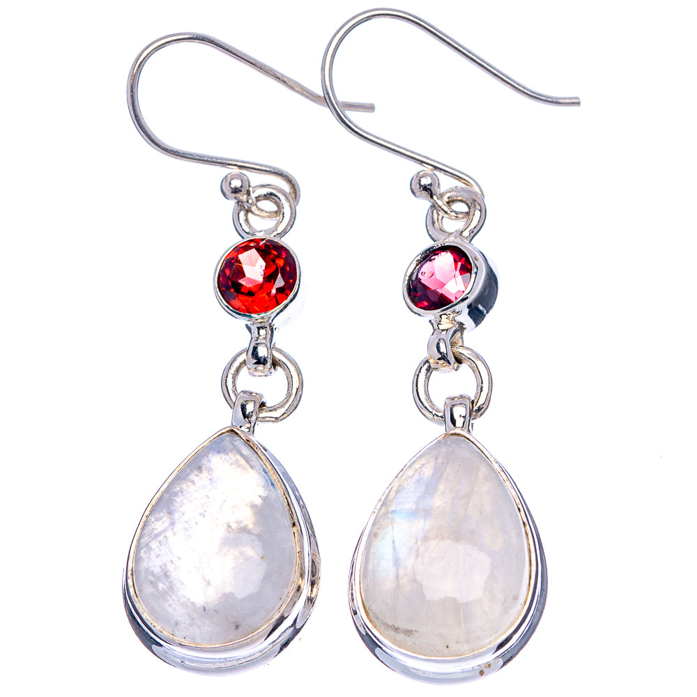 Rainbow Moonstone, Garnet Earrings 1 3/4" (.925 Sterling Silver)