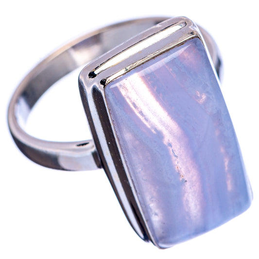 Rectangular blue lace agate ring, .925 sterling silver band, side view