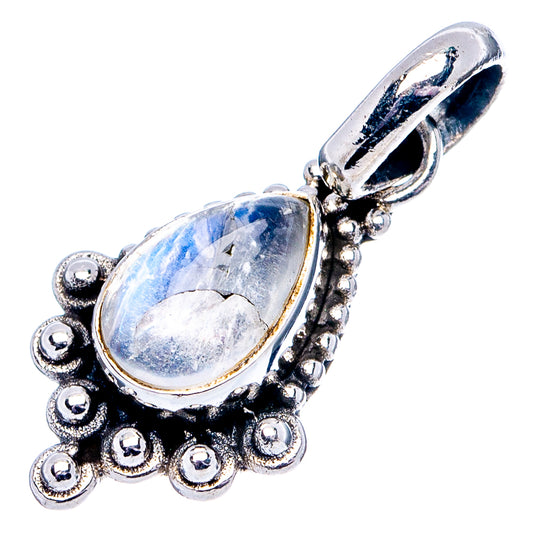 Rainbow moonstone teardrop pendant in .925 sterling silver with beaded halo and blue glow
