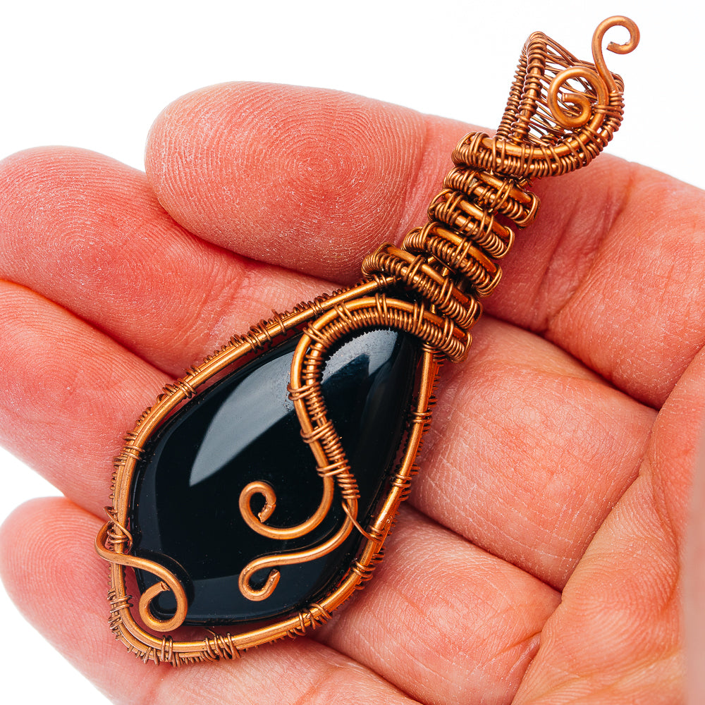 Black Onyx Wire Warp Pendant 2 3/4" (Copper)
