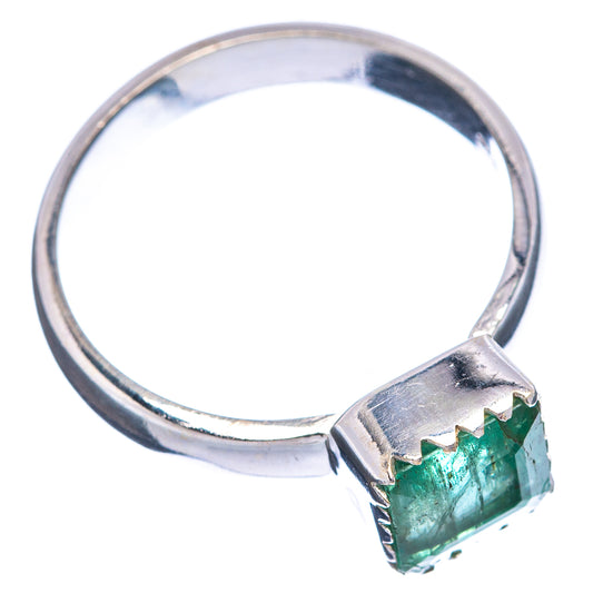 Sterling silver ring with square green gemstone bezel on band, side view