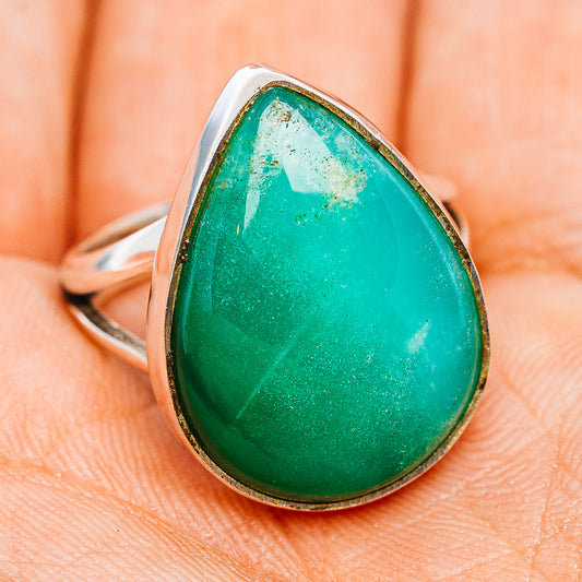 925 sterling silver oval chrysoprase cabochon ring, angled view with raised bezel