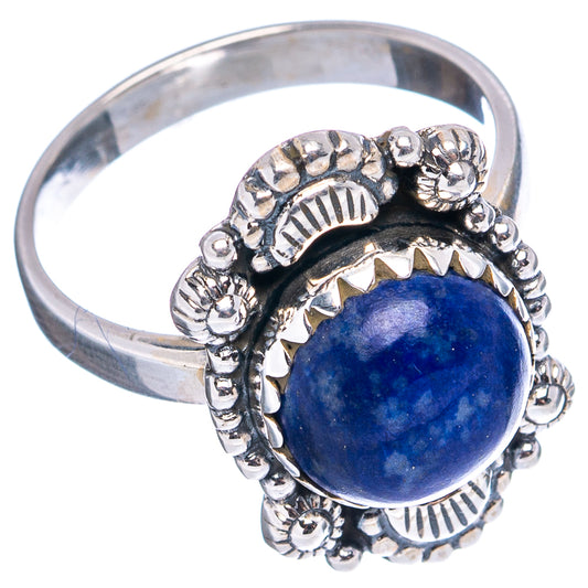 Sterling silver band ring with round lapis lazuli cabochon and side filigree