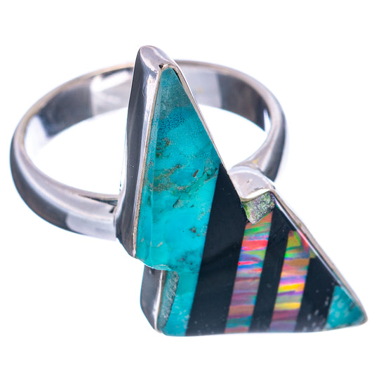 Sterling silver ring with tall turquoise opal cabochon and black bolt inlay