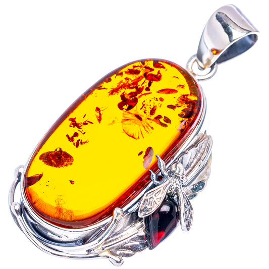 Oval amber bee pendant with bright yellow amber stone and .925 silver bee charm