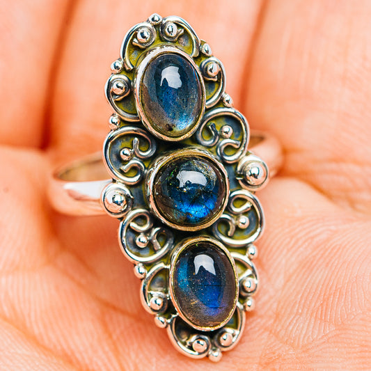 Boho sterling silver ring with three oval labradorite stones, dark blue sheen, size 6.75