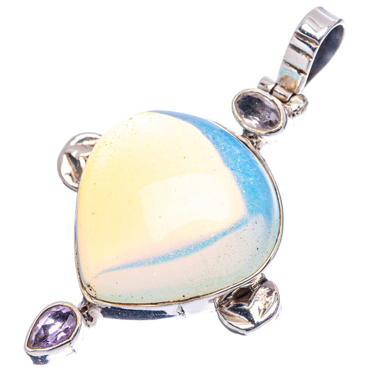 Sterling silver opalite oval pendant with iridescent cream-blue center and three amethyst accents