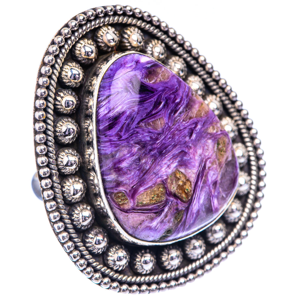 Oval purple charoite cabochon ring in oxidized sterling silver with ornate beaded frame