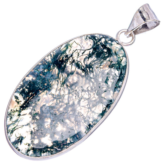 Oval moss agate pendant with silver-plated bezel and loop bail, green moss on pale base.