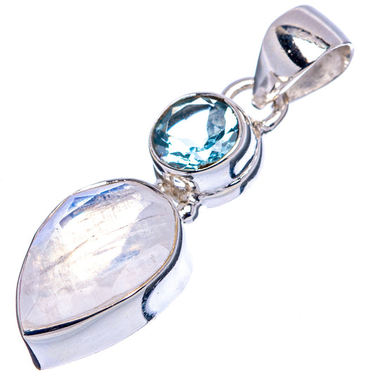 Sterling silver pendant with oval iridescent stone, round blue gemstone, and top loop bail