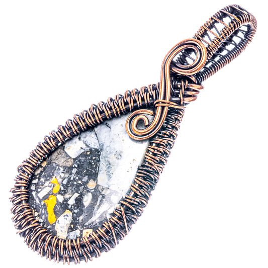 Oxidized copper wire wrap pendant with teardrop jasper stone, spiral front