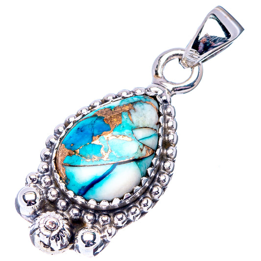 Oval turquoise gemstone pendant in bezel with ornate sterling silver frame and loop