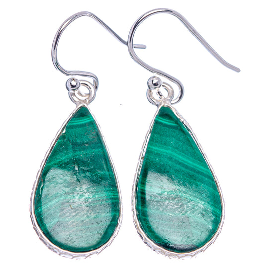 Pair of teardrop malachite earrings in green with silver border and fishhook backs
