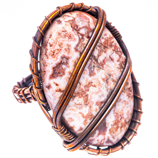 Oxidized copper wire oval rosetta jasper ring with stacked band detailing