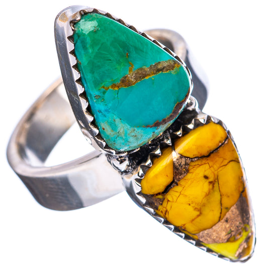 Adjustable sterling silver ring with green turquoise and yellow teardrop gemstones