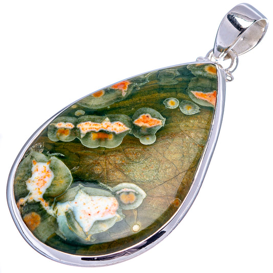 Sterling silver rainforest jasper pendant, long teardrop with green and cream floral patterns
