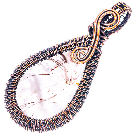 Copper wire-wrapped rutilated quartz teardrop pendant with round ring bail