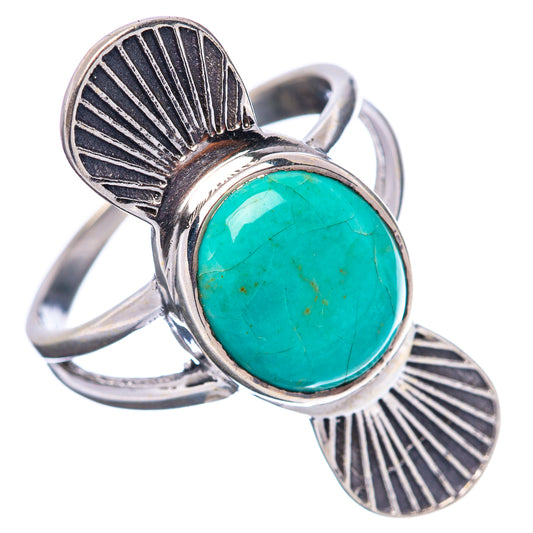 Sterling silver turquoise oval ring with engraved leaf bands, size 8, front view