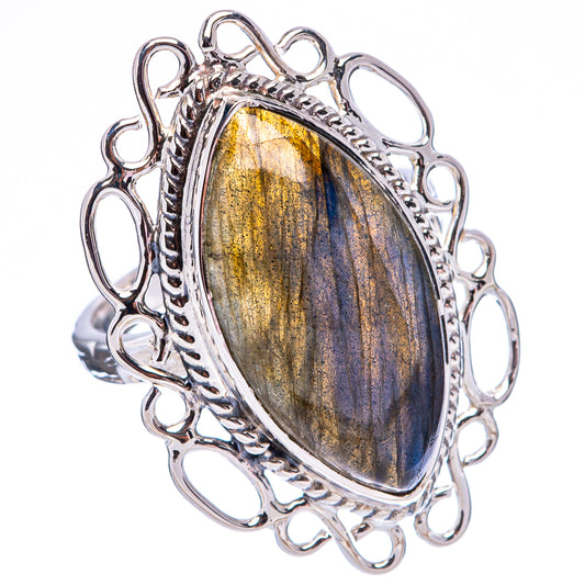 Sterling silver labradorite ring with oval gold and blue iridescent gemstone, ornate frame