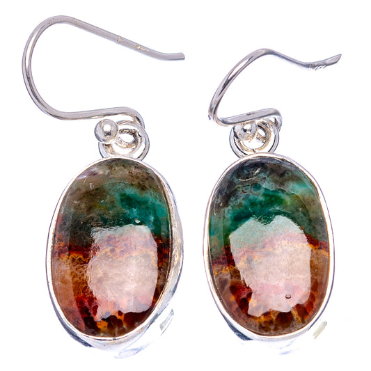 Opalized wood oval drop earrings with .925 sterling silver hooks, green and brown