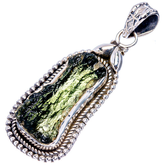 Sterling silver moldavite pendant with teardrop rough green stone and loop bail