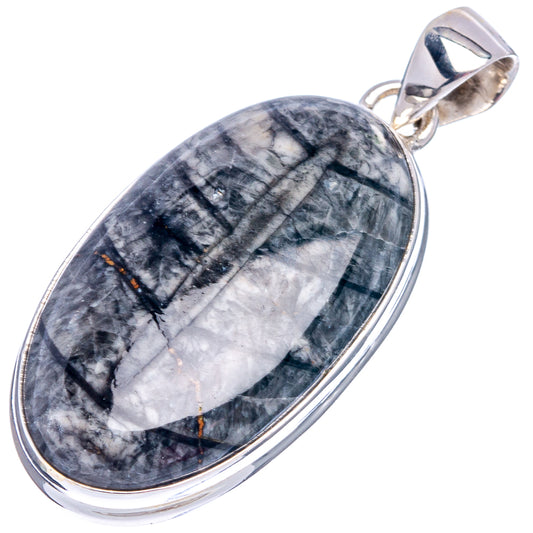 Oval Orthoceras fossil pendant with gray stone and black veining, .925 sterling silver