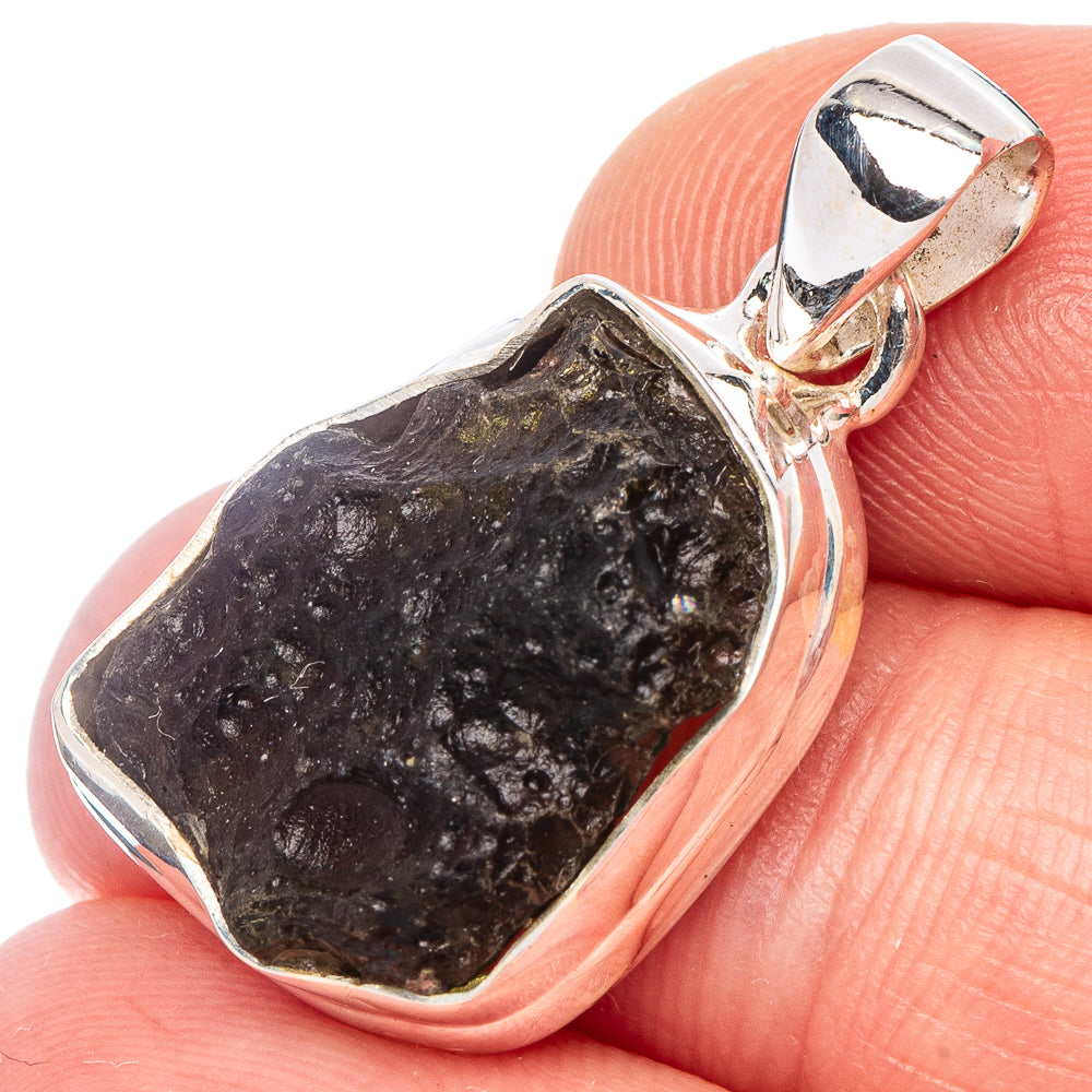 925 sterling silver bezel pendant with dark rough green Moldavite stone