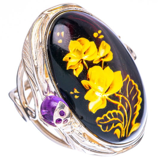 Amber Intaglio Rose Ladybug Ring Size 7 Adjustable (925 Sterling Silver) R3826