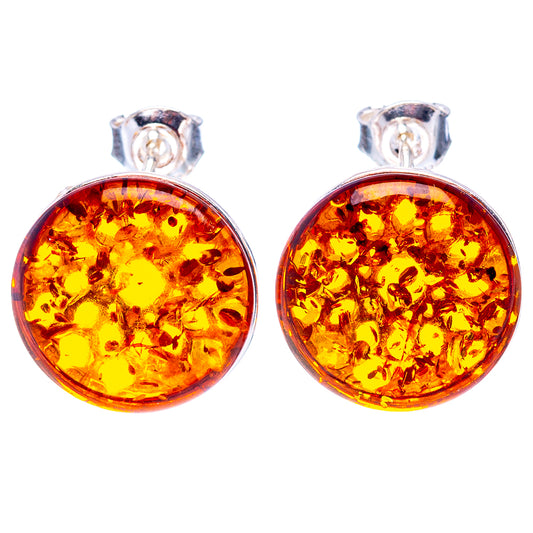 Round amber cabochon stud earrings in .925 sterling silver, paired front view