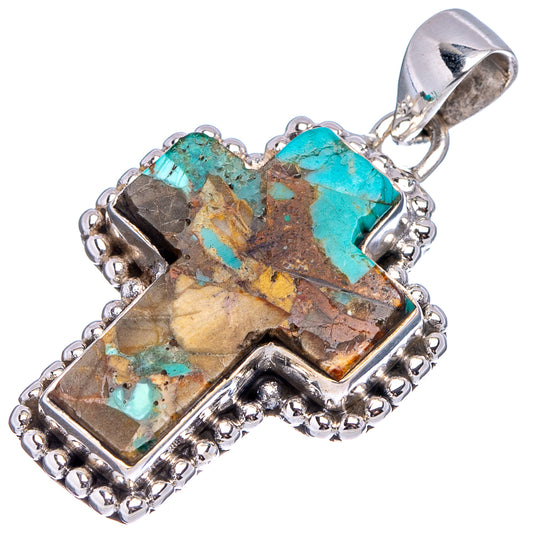 Turquoise and brown matrix pendant with square .925 silver bail and beaded border