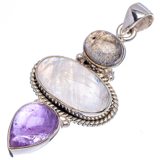 Oval rainbow moonstone and purple amethyst gemstone pendant in .925 sterling silver