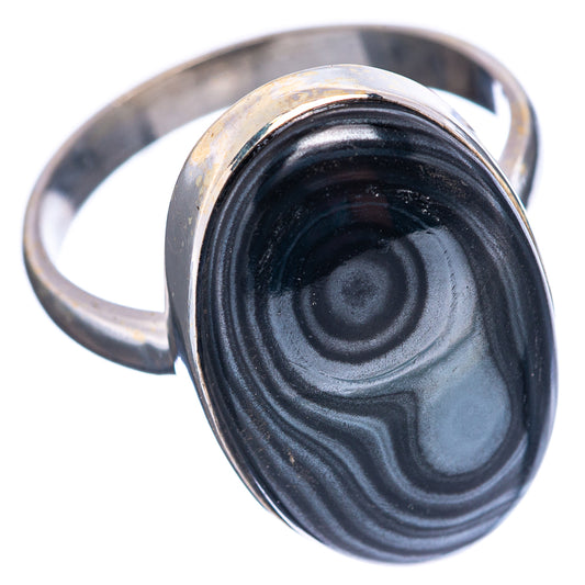 Black oval gemstone ring with swirled pattern, .925 sterling silver, size 8.75