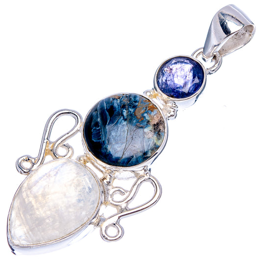 Oval moonstone and blue pietersite sterling silver pendant with iolite accent