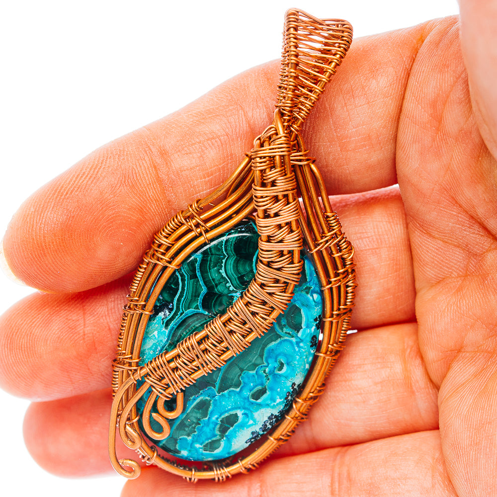 Malachite In Chrysocolla Wire Wrap Pendant 2 5/8" (Copper)