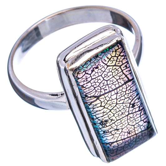 Sterling silver ring with rectangular iridescent opal-style inlay, rainbow scales