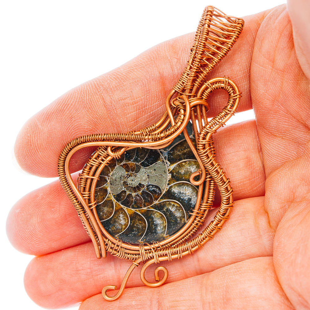 Ammonite Fossil Wire Wrap Pendant 2 3/4" (Copper)