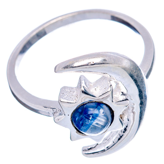 Sterling silver moon-and-sun ring with round blue kyanite cabochon, dainty band