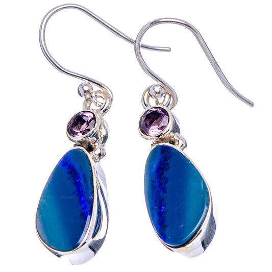 Sterling silver dangle earrings with faceted amethyst rounds above blue oval opal drops