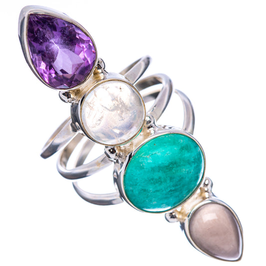 Sterling silver multi-stone ring with purple amethyst, round moonstone, green amazonite, gray oval