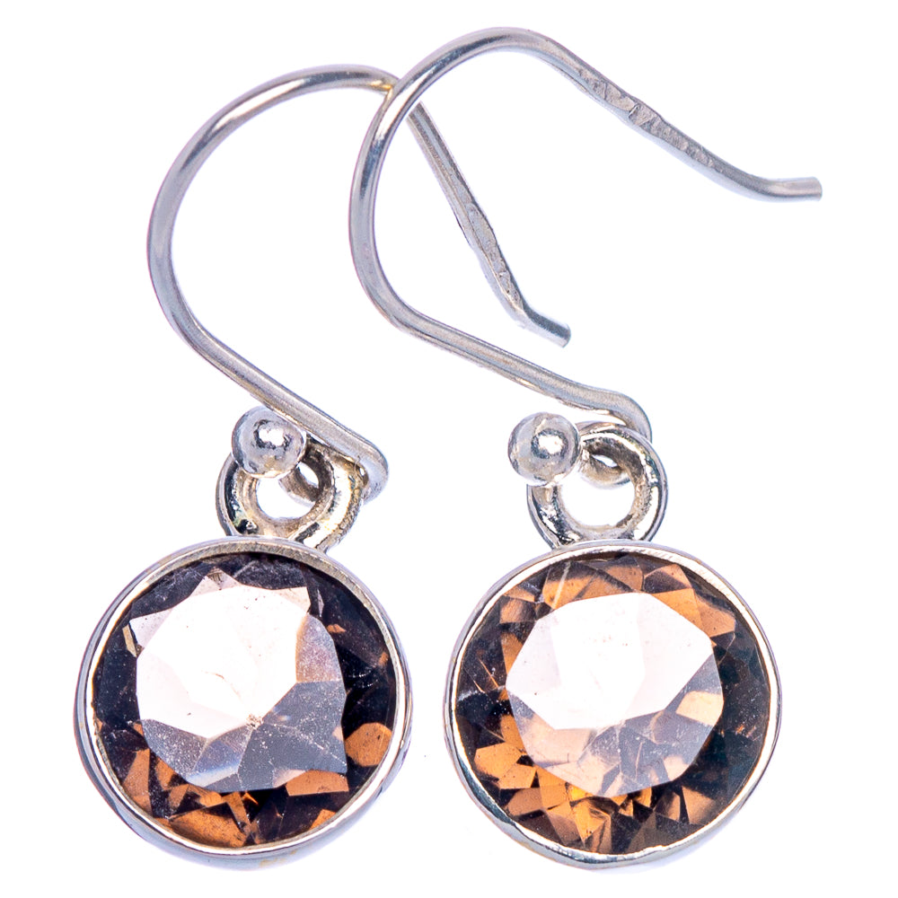 Round smoky quartz drop earrings, 925 sterling silver hooks, faceted smoky and amber