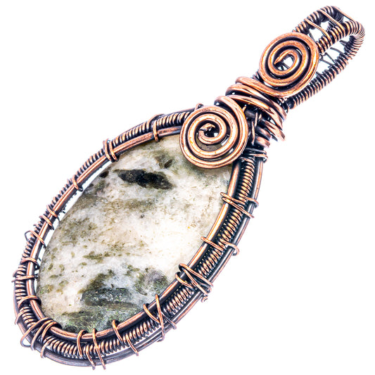 Oxidized copper wire-wrapped pendant, oval green seraphinite stone with coil bezel