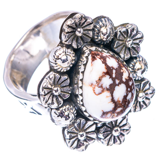 Sterling silver ring with oval wild horse jasper cabochon and raised flower setting, side view