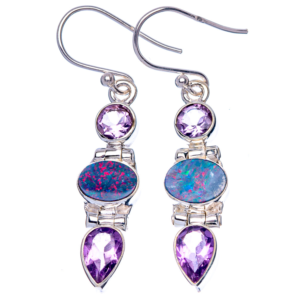 Rare Doublet Opal, Amethyst Earrings 1 5/8" (925 Sterling Silver) E1575
