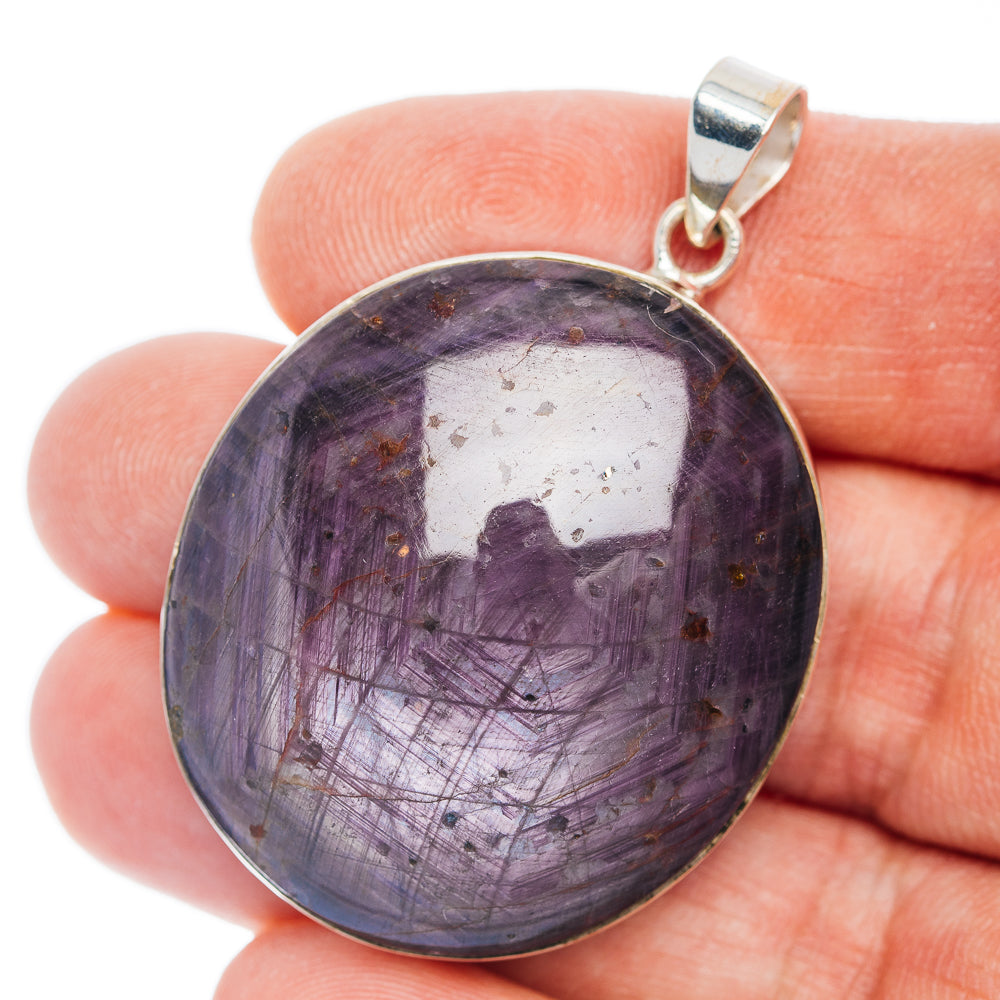 Round purple stone pendant, .925 sterling silver frame and hanging bail, full view