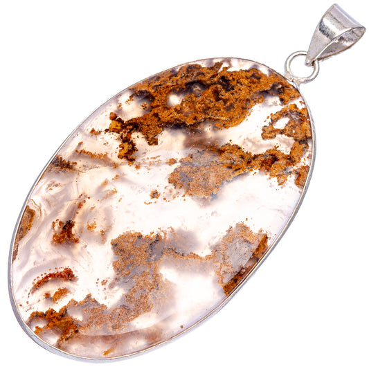 Silver-plated oval agate pendant, white stone with brown inclusions, loop bail
