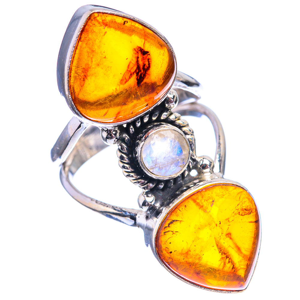 Large Baltic Amber, Rainbow Moonstone Ring Size 6 (925 Sterling Silver) R142180