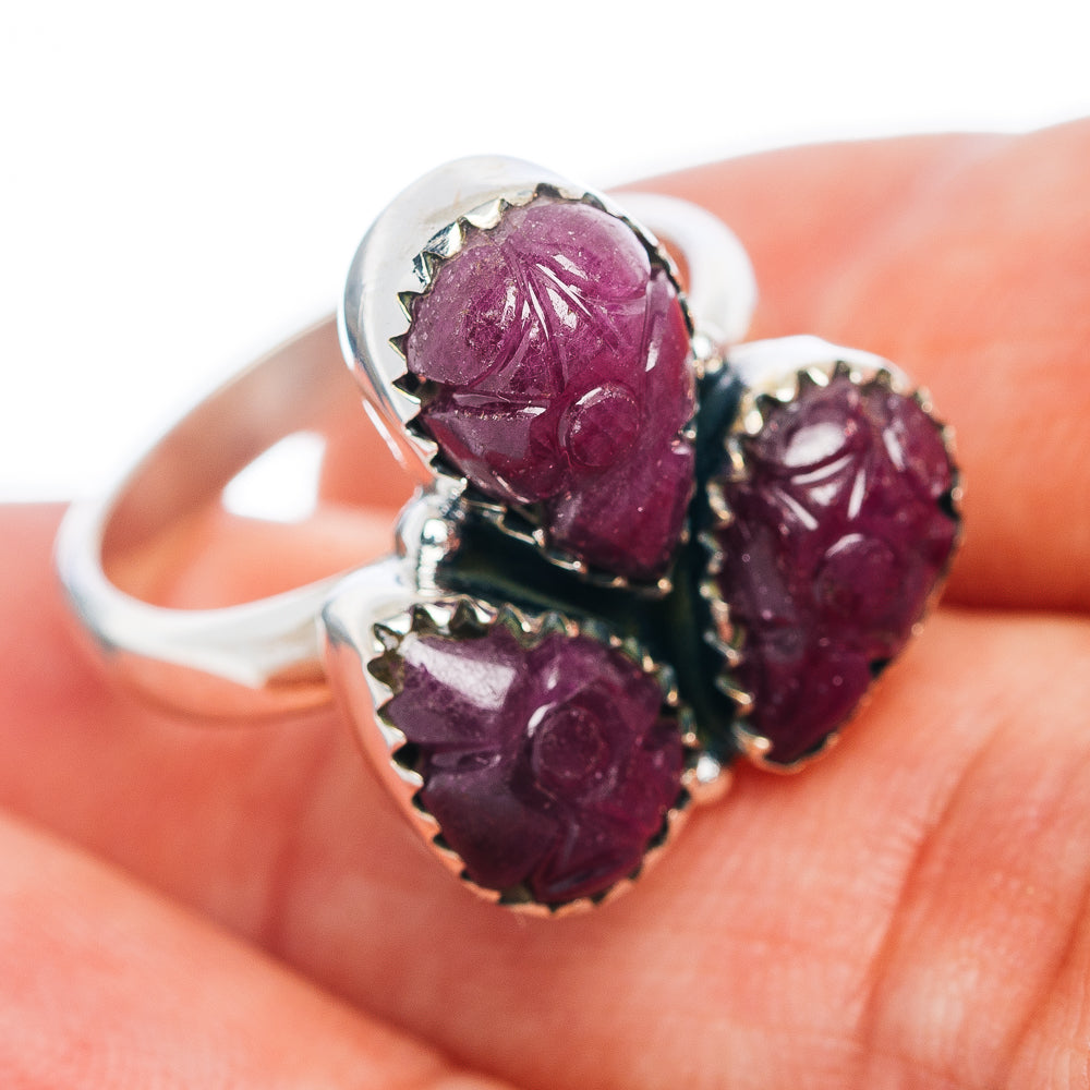 Premium 3-Gemstone Carved Ruby Ring Size 8 (.925 Sterling Silver)