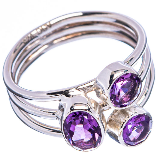 Sterling silver amethyst ring, three round purple stones on open band